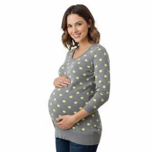 Motherhood Maternity Grey & Yellow Polka Dot 3/4 Sleeve Sweater Size Small